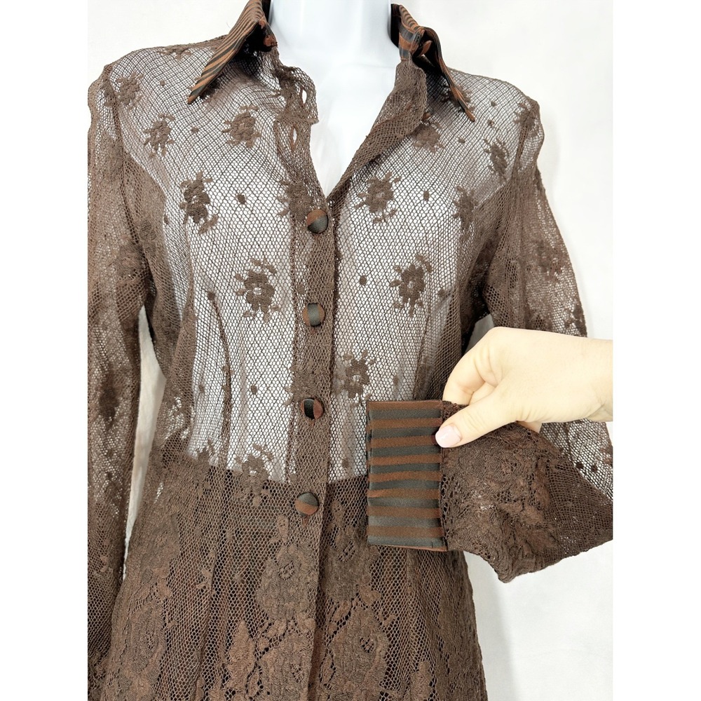 Bleu Blanc Rouge Set Brown Long Sleeve Lace Top Striped Brown Pants US Size 2 - Picture 5 of 12